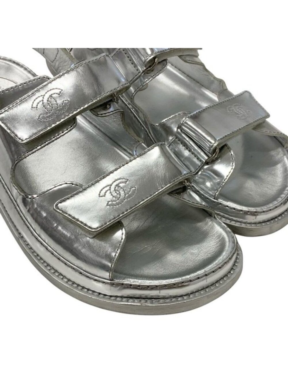 Chanel Sandals Shoes Leather Silver Coco Mark Velcro - Picture 9 of 10